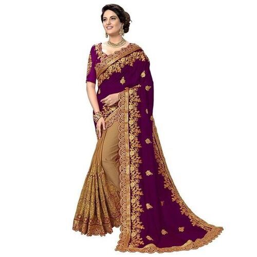 Bollywood Resam Work Embroidered Stones Closure Georgette Purple Gold Saree