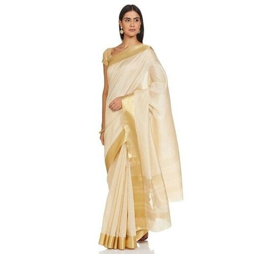 Perla White Ladies Golden Boder Elegant South Indian Sarees (Swati)