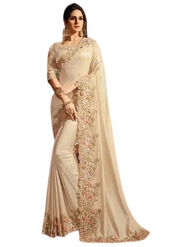 Winter Ladies Ethnic Wear Cream Color Art Silk Plain Designer Border Saree With Blouse Piece