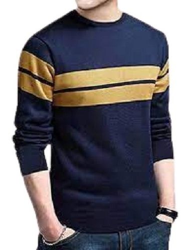 Mens Striped Navy Blue With Gold Full Sleeve Round Neck T Shirt