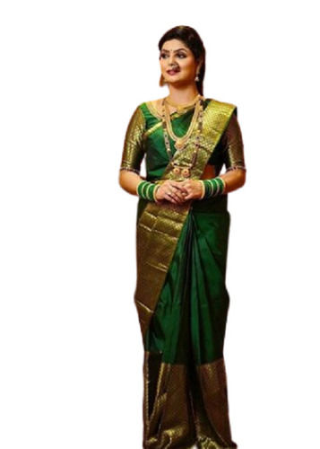 Party Wear Dark Green Silk Saree With Golden Border For Ladies 