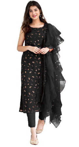 Black Sleeveless And Comfortable Printed Soft Georgette Fancy Suit For Ladies 