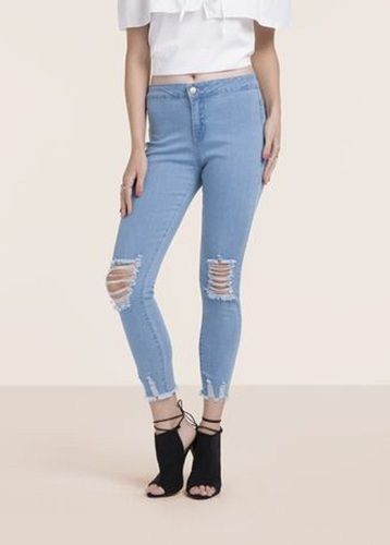 Comfort Fit Plain Breathable Blue Denim Ripped Skinny Jeans For Ladies 