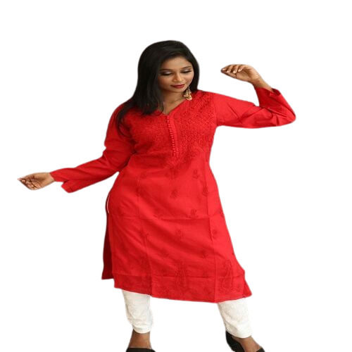 No Fade Ladies Red Solid Formal 100% Cotton Button Kurti For Casual Wear