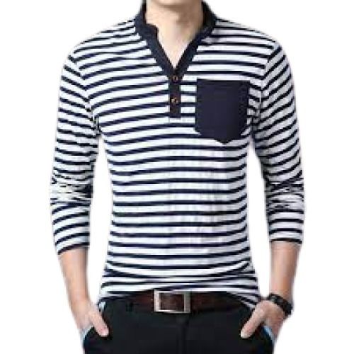 Mens Full Sleeve White With Black Striped Cotton Polo T Shirt Gender: Male