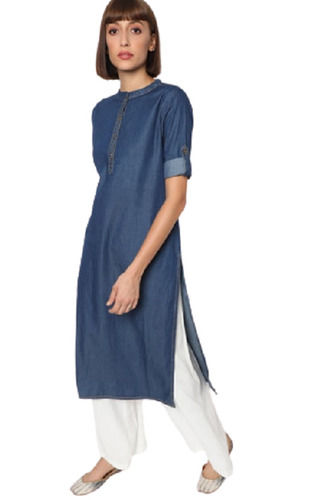 Comfortable And Washable Casual Wear Short Sleeves Plain Denim Kurtis For Ladies  Bust Size: 32 Inch (In)