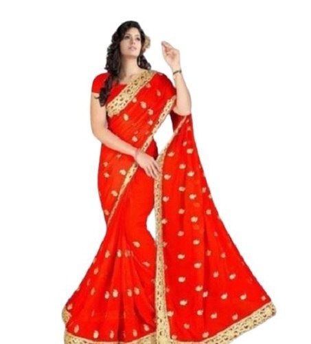 Party Wear Red And Golden Cotton Designer Embroidery Saree With Blouse, Saree Length 5.5 Meter 