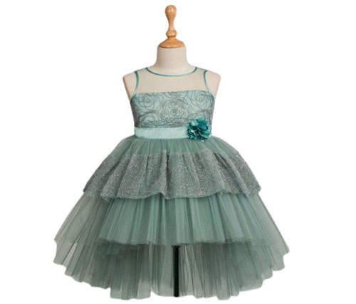 Comfortable And Breathable Party Wear Green Fancy Design Sleeveless Flared Frock For Girls