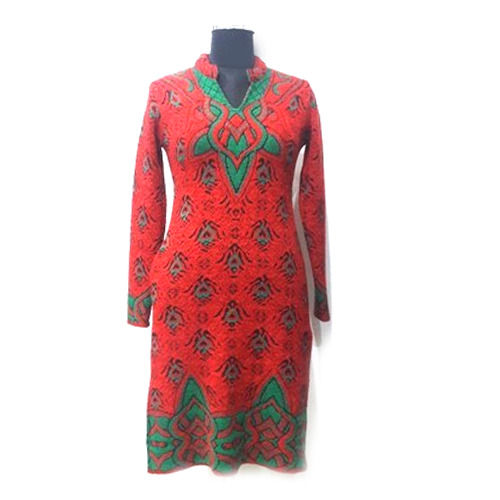 Red Green  Highly Breathable And Comfortable Casual Embroidered Straight Ladies Woolen Kurti