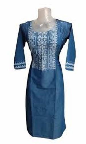 Highly Breathable And Comfortable Casual Blue Printed Denim Kurti Decoration Material: Laces