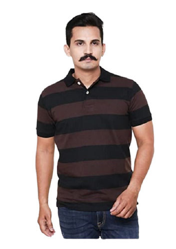 Mens Regular Fit Straight Collar Short Sleeves Casual Wear Striped Cotton T Shirt