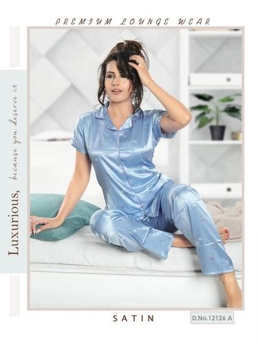 Blue Ladies Premium Lounge Wear Fancy Two Piece Satin Night Suit