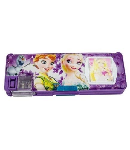 Plastic Purple Rectangular Barbie Printed Inbuilt Sharpener Design Geometry Box For School