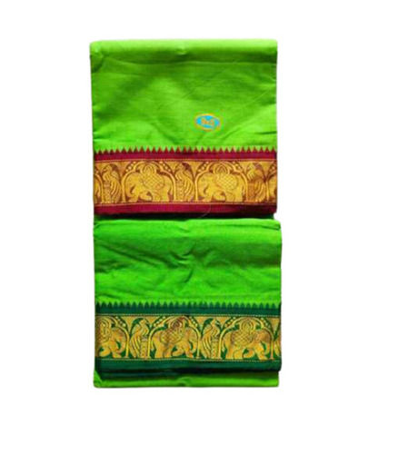 Breathable  Plain Green With Maroon And Green Border Regular Wear Cotton Mens Dhoti