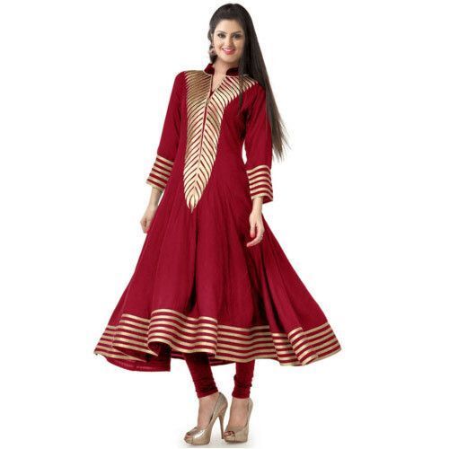 Crepe Rayon Ladies Trendy Maroon And Golden Tand Collar Anarkali Kurti Bust Size: 25 Inch (In)