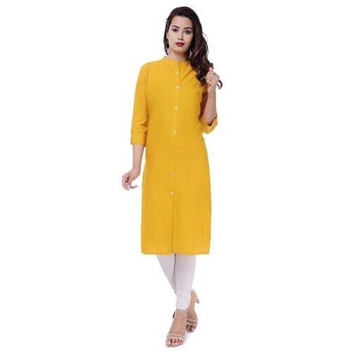 For Casual And Office Wear Lightweight Fabric Straight Stitched Ladies Yellow Kurti Decoration Material: Feather