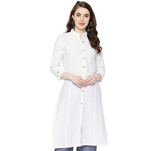 Jaipuri Rajasthani Solid Cotton Ankel Length Straight 3/4 Sleeve Mandarin Collar White Kurtis 