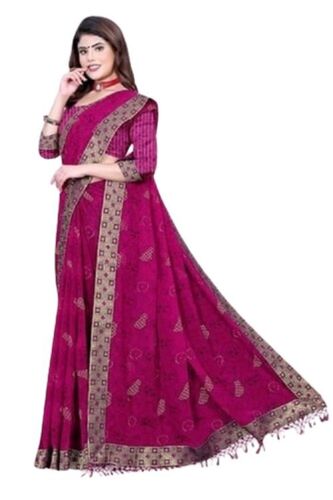 Pure Silk Printed Saree - Dark Pink with Contrast Blouse Piece | Comfortable Designer Perfect for Party Wear