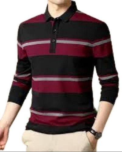 Men'S Causal Wear Comfortable Soft Full Sleeve Polo Neck Striped Cotton T-Shirt