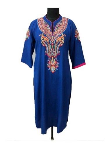 Blue Stylish Look And Beautiful 3-4 Sleeve Round Neck Kurtis For Ladies