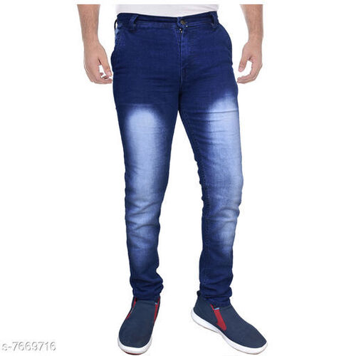 पुरुषों के लिए आरामदायक और धोने योग्य स्लिम फिट स्ट्रेट प्लेन कॉटन फ़ैब्रिक ब्लू जींस