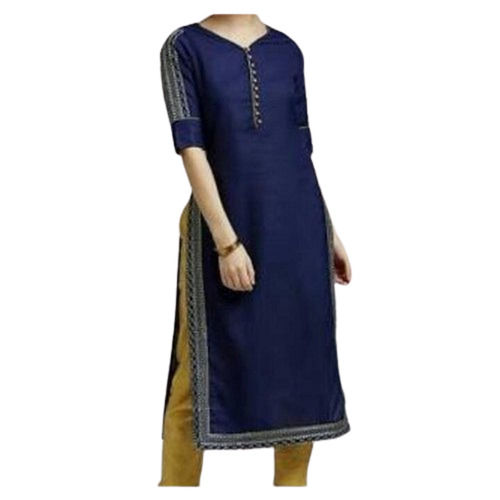 Navy Blue Eye Catching Anti Wrinkle Party Wear Fancy Kurti For Ladies 