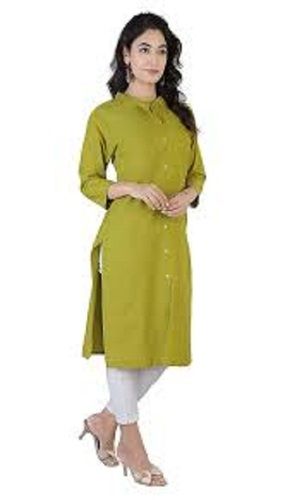 Green Breathable And Washable Long Sleeve Plain Ladies Cotton Kurti