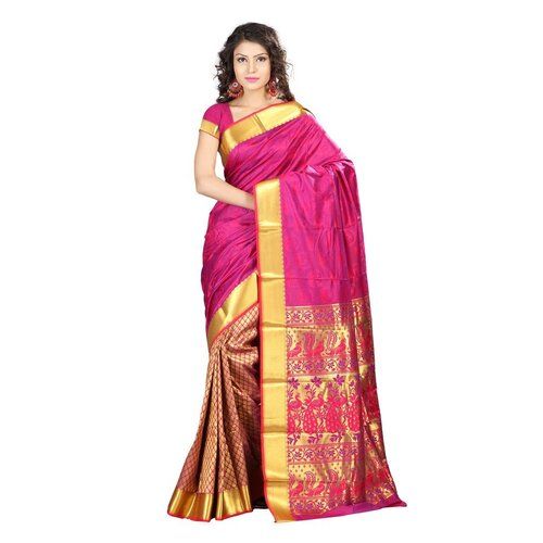 Comfortable And Washable Traditional Printed Pink And Golden Saree