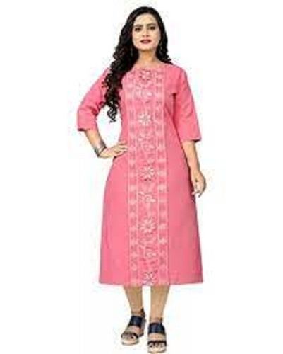 Pink Pure Cotton Fabric Long Sleeves U Neck Ladies Kurti Casual Wear 