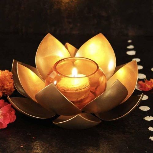 Traditional Strong Attractive Beautifully Designed Golden Iron And Glass Lotus Tea Light Holder