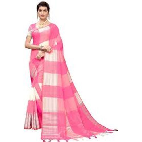 Traditional Ethnic Indian Wear Checked Pattern Cotton Pink Saree With Unstitched Blouse