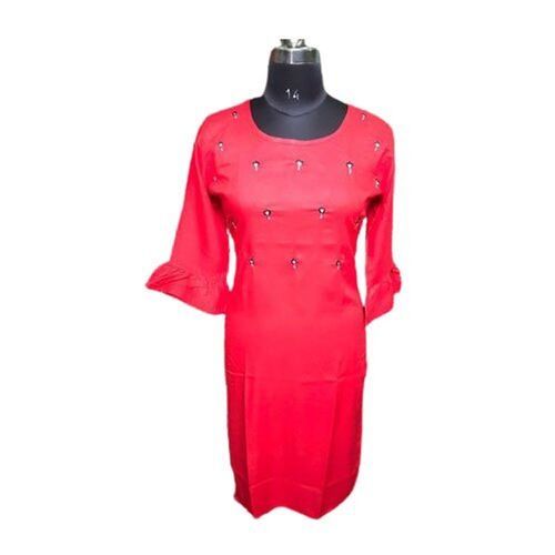Women'S Trendy Fancy Plain Long Red Cotton Kurtis, Packed In Poly Bags 