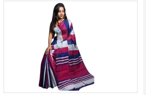 Winter Blue Grey And Pink Colour Strip Printed Designer Casual Wear Cotton Women Saree