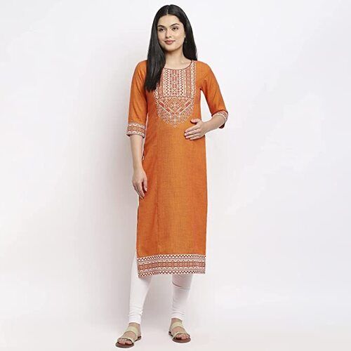 Orange Skin-Friendly Breathable 3/4Th Sleeves Round Neck Printed Cotton Ladies Suit