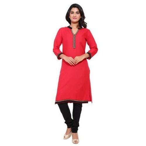 Washable Comfortable And Well-Stitched 3/4Th Sleeves V-Neck Regular Wear Red Rayon Kurti