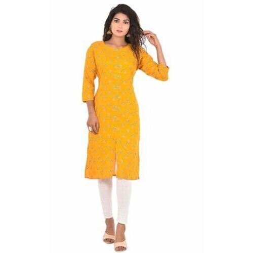 Washable Casual Wear Printed Ladies 3/4Th Sleeve Round Neck Cotton Yellow Kurti