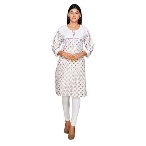 Washable Straight Stitched With Modern And Attractive Designs Ladies Round Neck Cotton White Kurti 