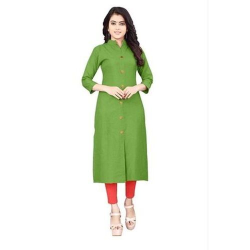 Washable Women'S Round Neck 3/4Th Sleeves Cotton Light Green Kurti 