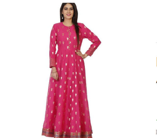 Pink Pure Cotton Printed Pattern Long Sleeves Anarkali Kurtis