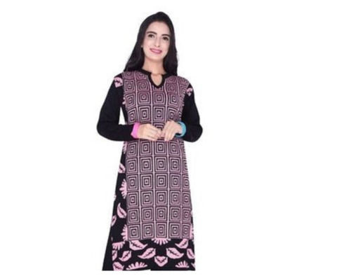 Pink And Black Ladies Full Sleeves Printed Cotton Kurti For Ethnic Wear