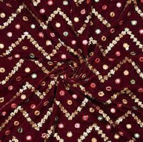 Multiple Color Maroon Beige Zigzag Sequin Mirror Work Fabric