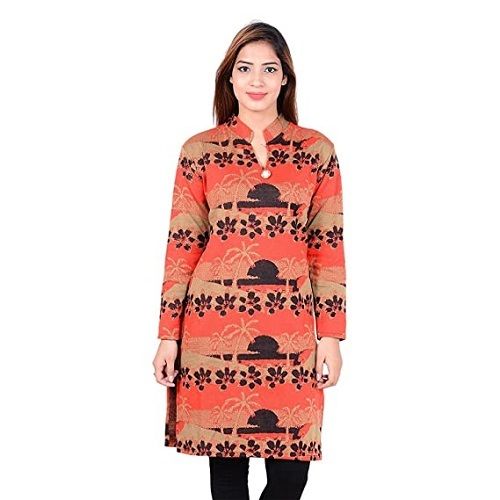 Ladies Stylish Round Neck Full Sleeves Straight Woolen Kurti For Casual Wear