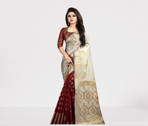 मैरून और क्रीम 5.5 मीटर लंबाई वाली डिज़ाइनर और पार्टी वियर लेडीज़ कॉटन सिल्क साड़ी