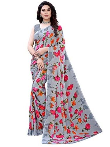 Grey Georgette Chiffon Bollywood Printed Summer Party Wear Women Sarees 