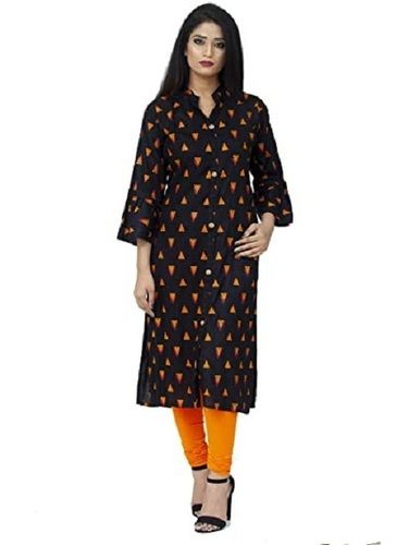 Womens Ethnic Round Collar Neck 3/4th Sleeves Printed Rayon A-line Kurti