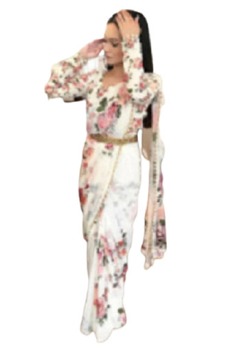 5.5 मीटर लंबाई वाली आरामदायक और हल्के वज़न की प्रिंटेड जॉर्जेट पर्ल लेस साड़ी