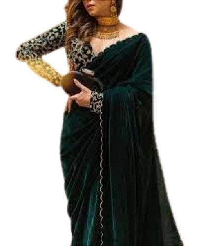 Green Womens Comfortable Wear Plain Patterned Modern Style Velvet Fabric Saree