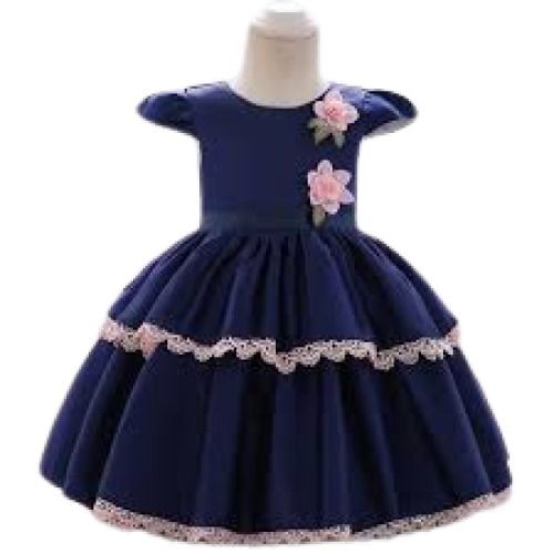 Navy Blue With Pink Kids Sesigner Short Sleeve Party Wear Satin Frock