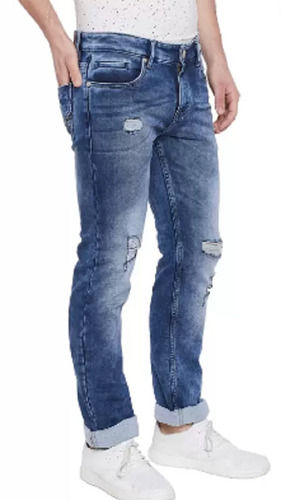 Denim Slim Fit Shredded Blue Jeans For Men's