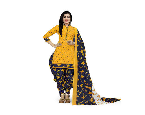 Yellow Festive Wear Easily Washable Printed Cotton Silk Unstitched Salwar Suit For Ladies 